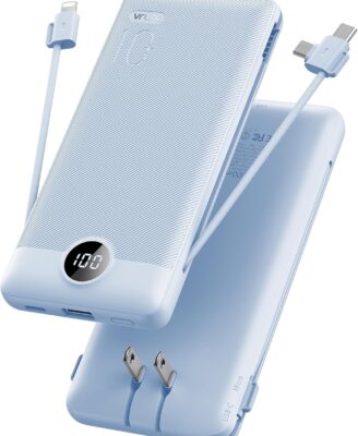 VRURC Portable Charger Built-in Cables and AC Wall Plug, USB C Power Bank 10000mAh, Travel Essentials Phone Charger Compact Lightweight External Battery Pack for Smart Phones, Tablets etc-Blue
